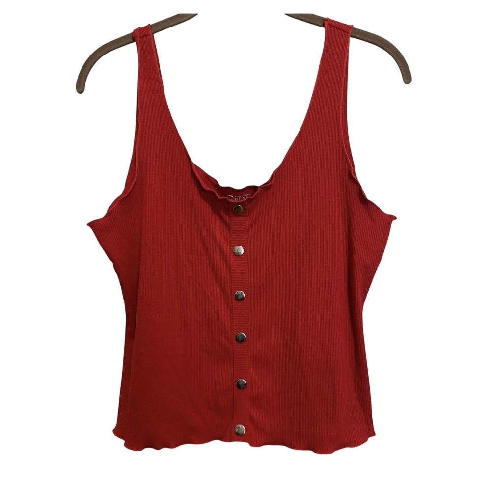 Guess Cropped Henley Tank Top L Red Ribbed Lettuce Trim Grunge Y2K Tomato Girl